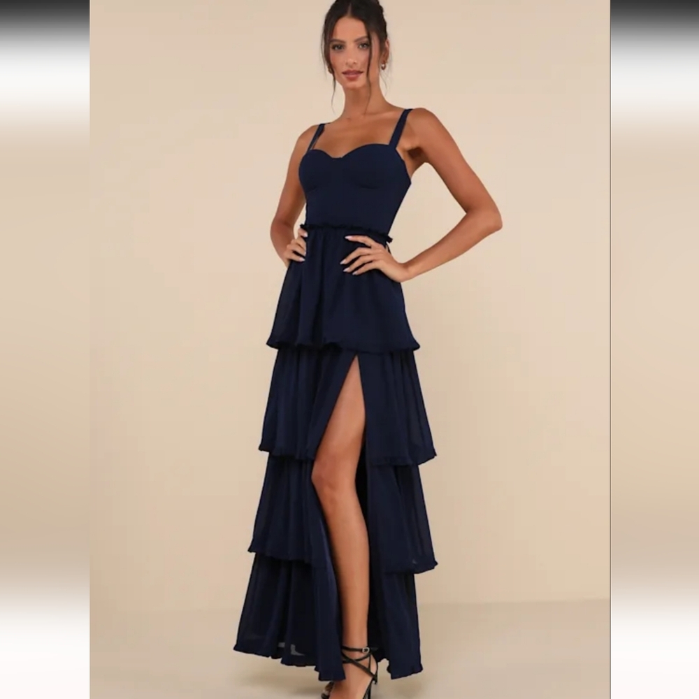 Lulus Sophisticated Occasion Navy Blue Bustier Lace-Up Maxi Dress Xs